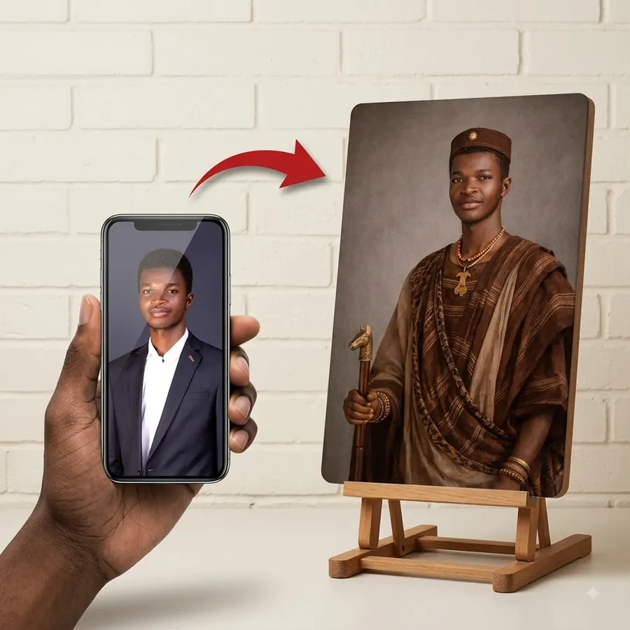 Transformation d'une photo en portrait royal africain, imprimé sur toile