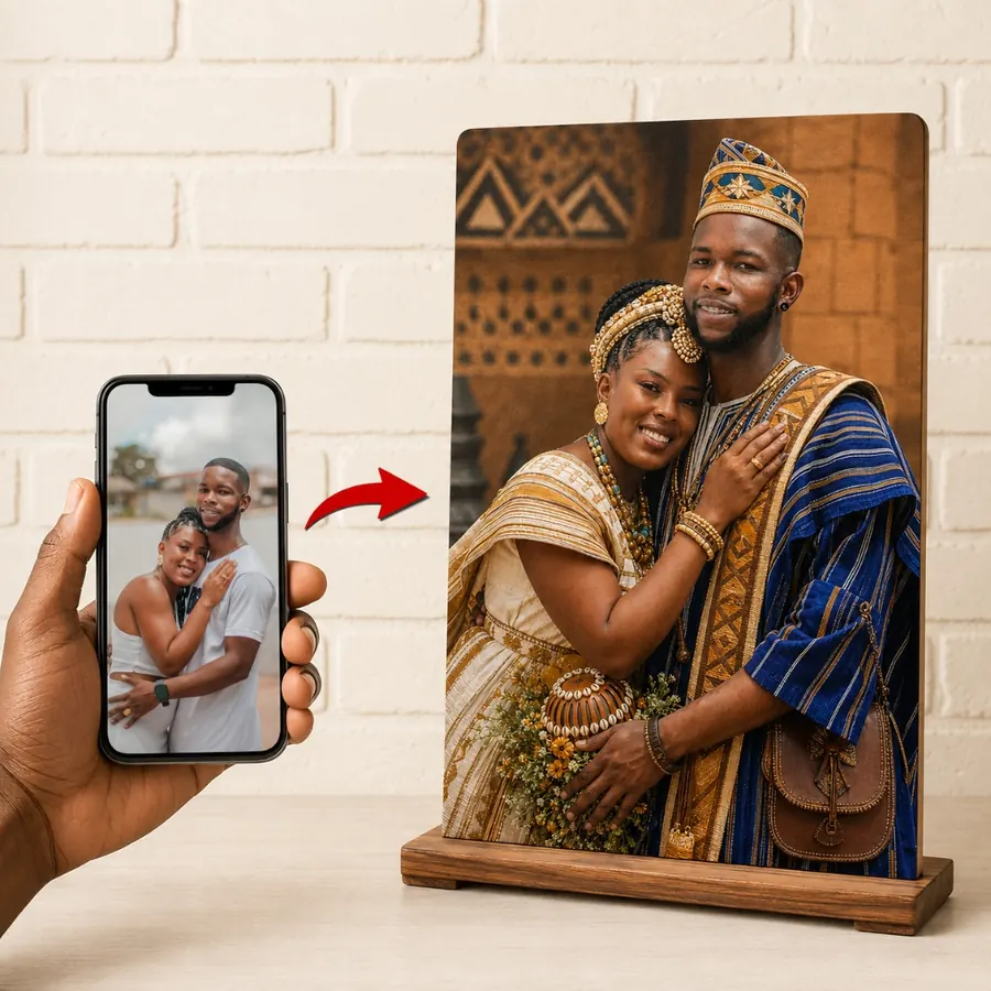 Portrait de couple en tenue traditionnelle, avant/après